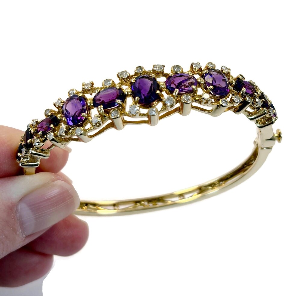 Amethyst Bracelet Diamonds 14K Yellow Gold: Hinged Bangle Vintage - Picture 5 of 14